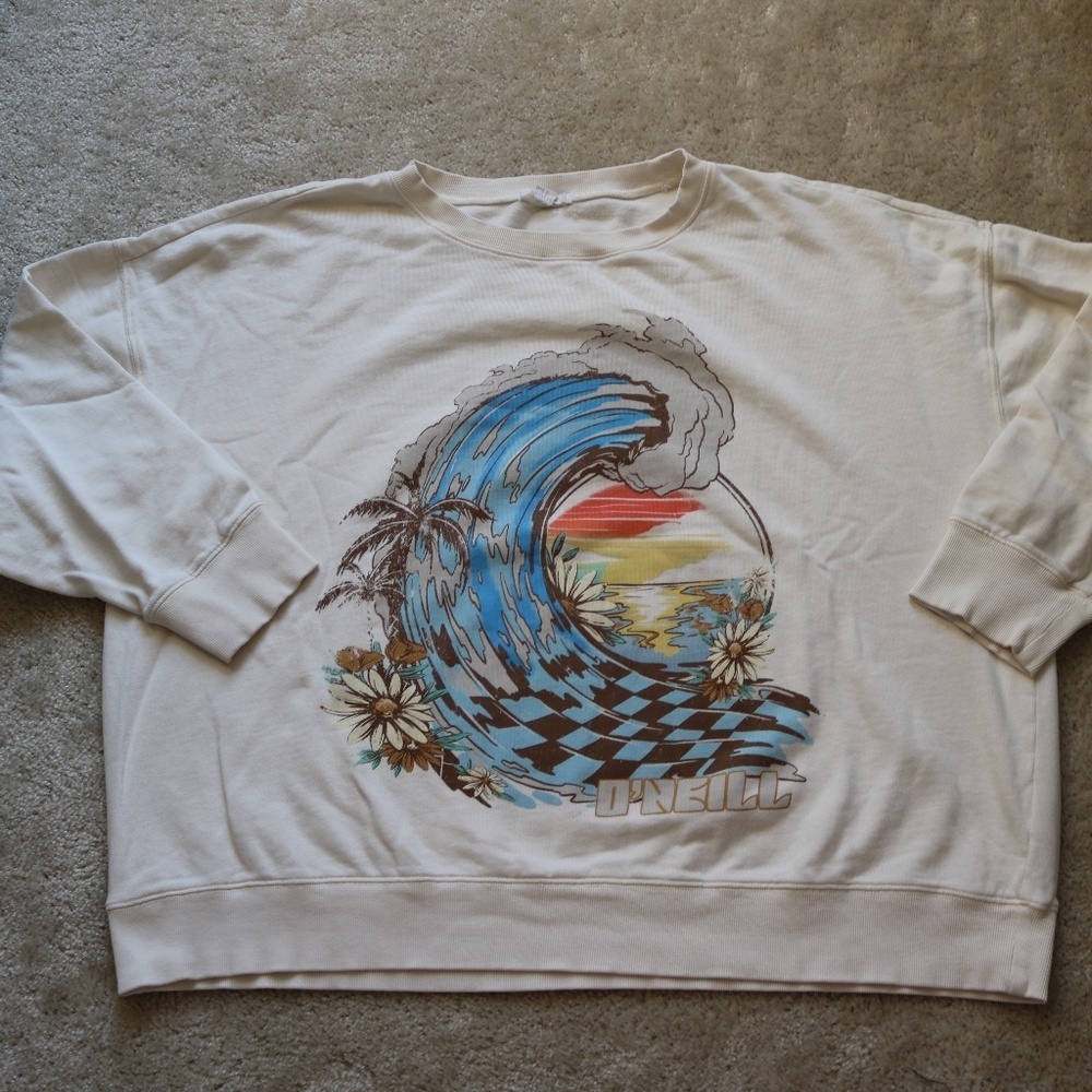 O'Neill White Sweatshirt with Blue Wave and Sunset Graphic